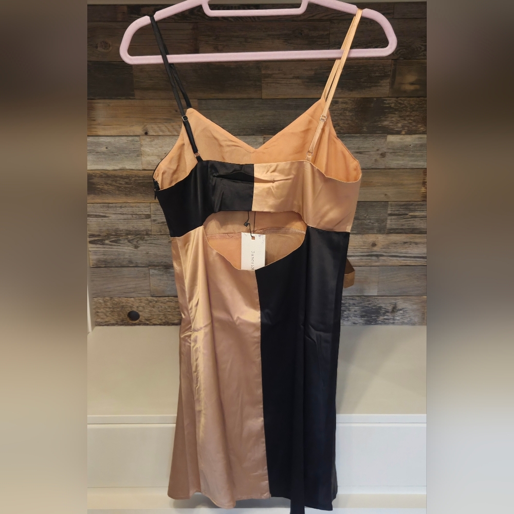 Dance & Marvel Beige & Black Asymmetrical Mini Cocktail Dress - Picture 4 of 5